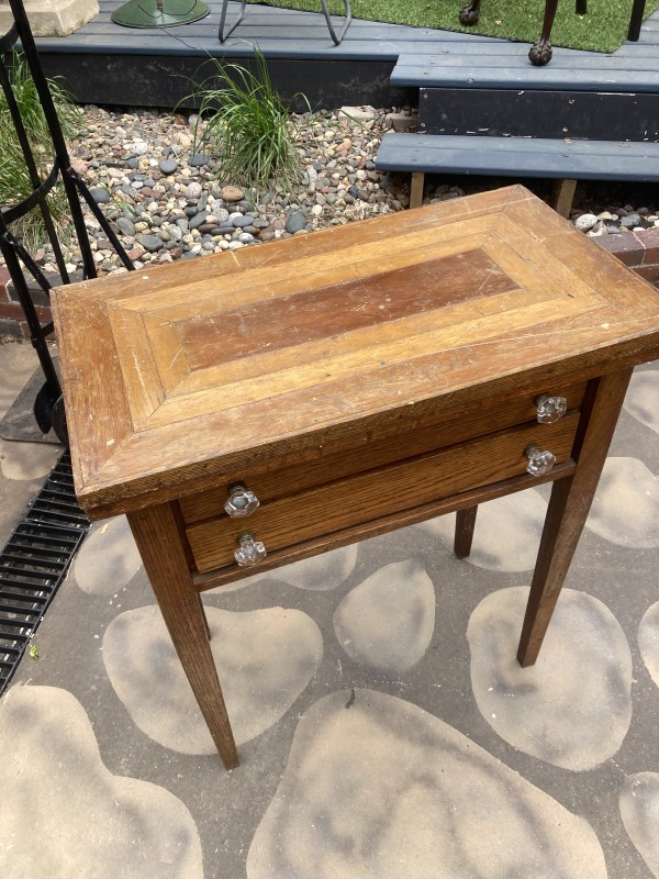 inlaid primitive game table with drawers