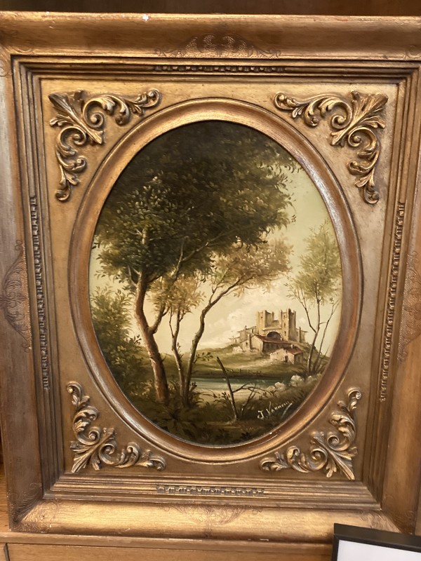 Framed European oil painting in gold ornate frame