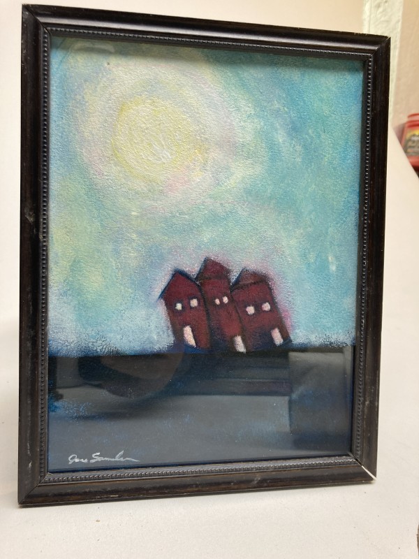 Framed original watercolor of 3 red homes