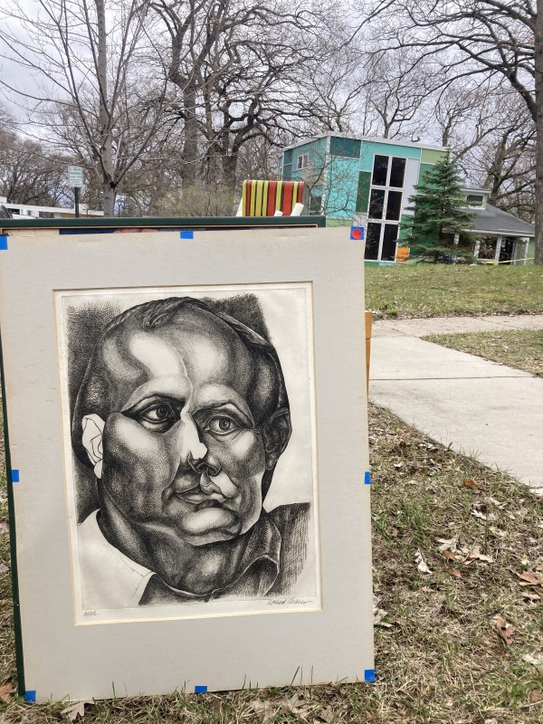 Framed original cross hatch portrait etching