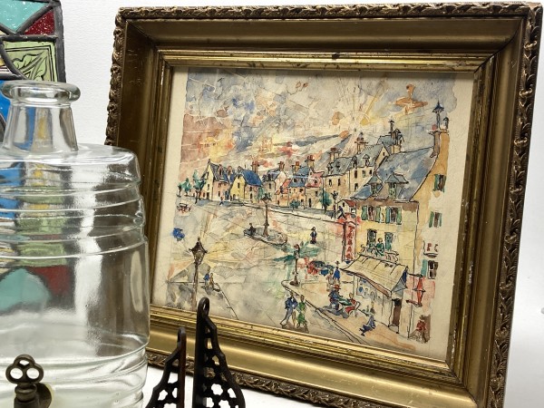 Framed original watercolor of French street scene