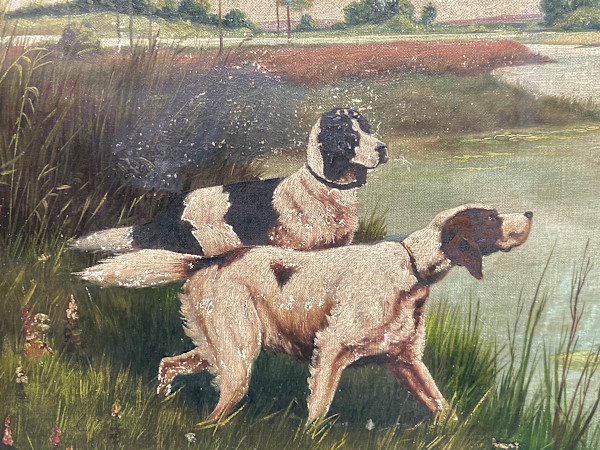 Framed primitive painting of hunting dogs