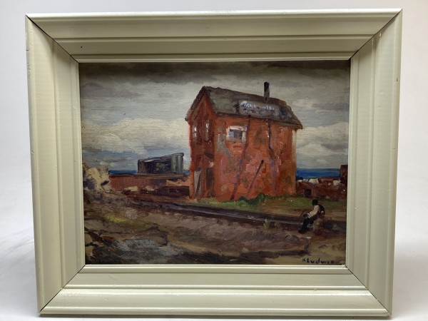 Framed rail yard painting with red building on board