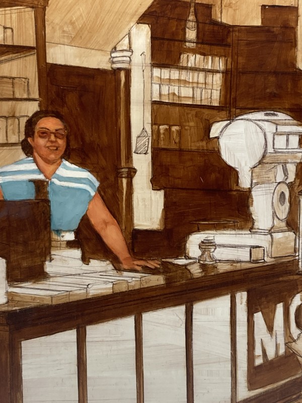 original painting study of lady behind counter