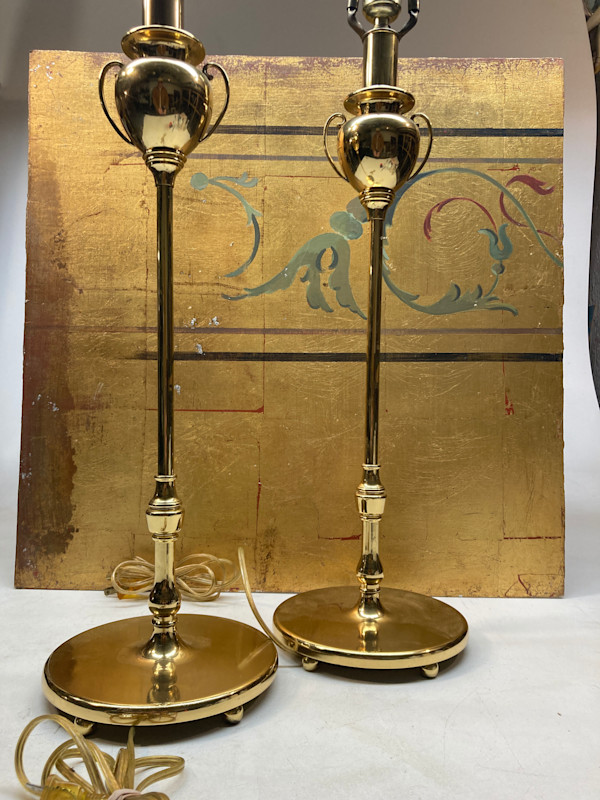 Pair of brass table top classic urn lamps