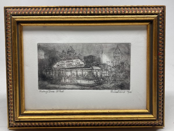Framed Michael Bond etching of Mickey's Diner