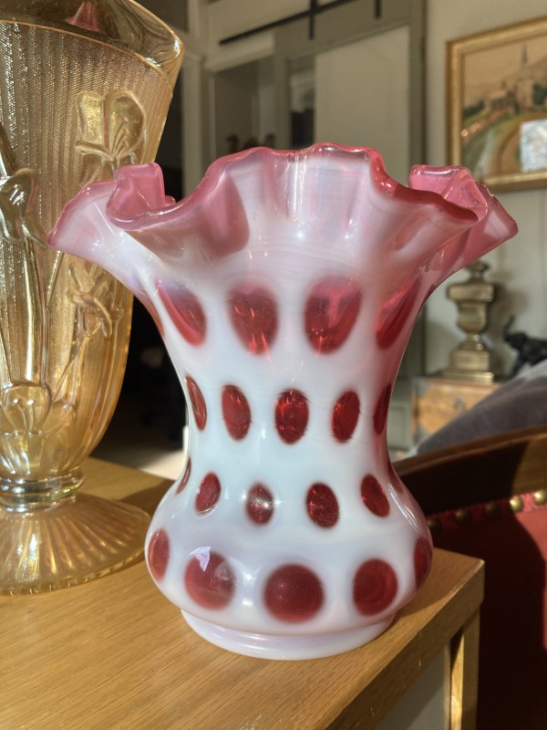 Fenton cranberry opalescent coin dot spot vase