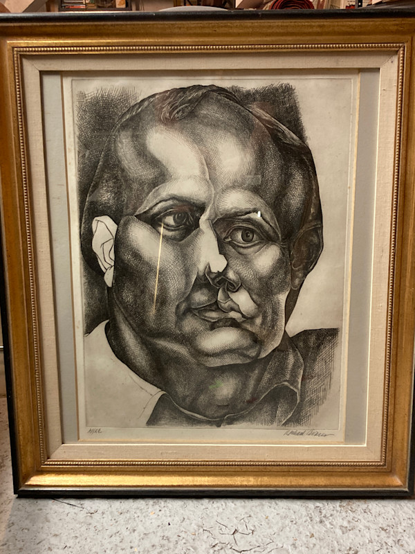 Framed original cross hatch portrait etching
