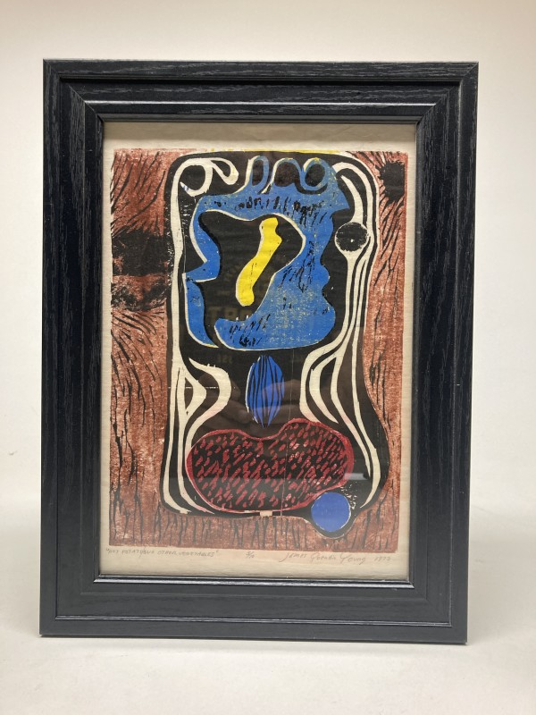 Framed James Quentin Young hand colored woodblock "Hot Potato"