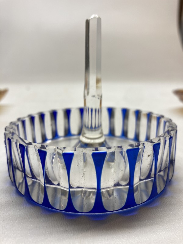 vintage cut glass cobalt and clear glass ring dish