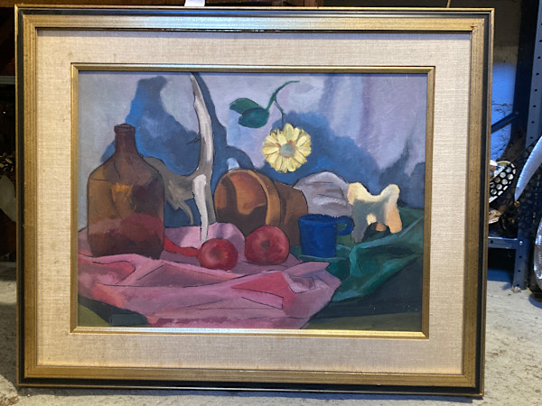 Framed still life acrylic on board by Connie Goldman
