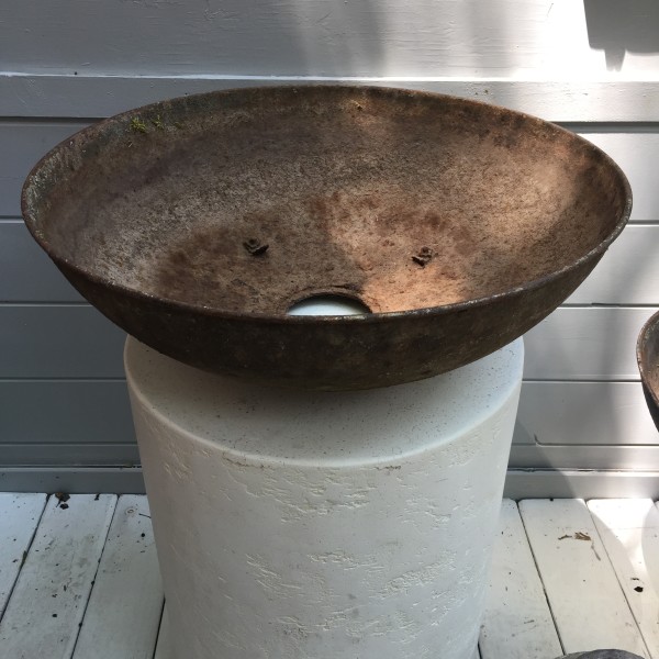 Pair of vintage cast iron low bowl planters