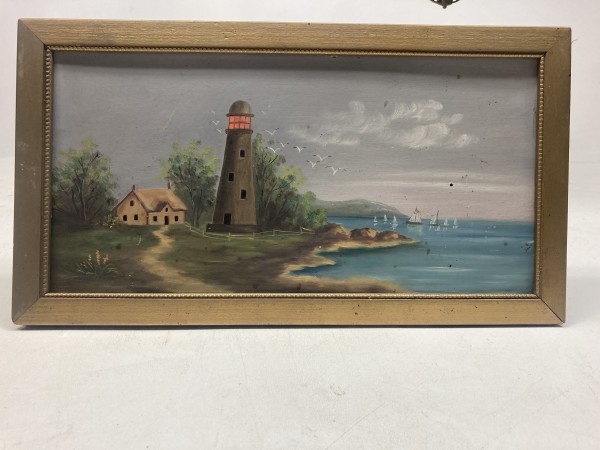 Turn of the century lighthouse oil painting