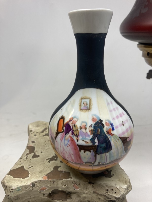 Hand painted 19th century vase with cobalt and musician figures