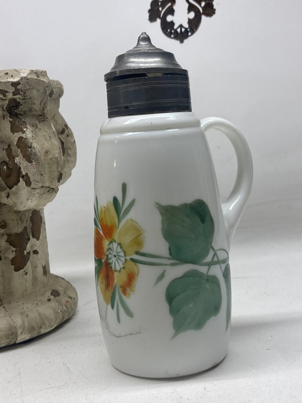 Hand painted milk glass stein with pewter lid