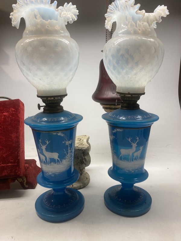 Pair of French Bristol glass blue lamps with deer
