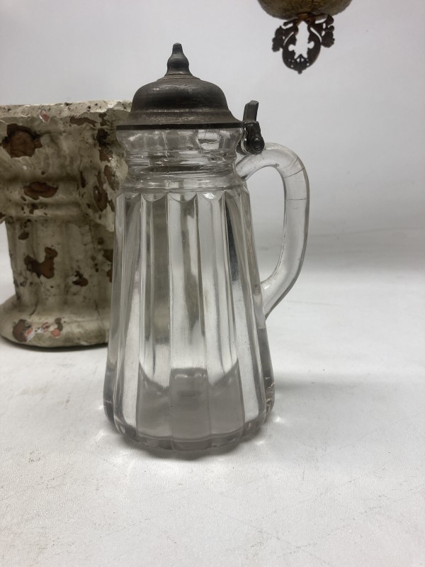 Clear glass Victorian era creamer with pewter lid