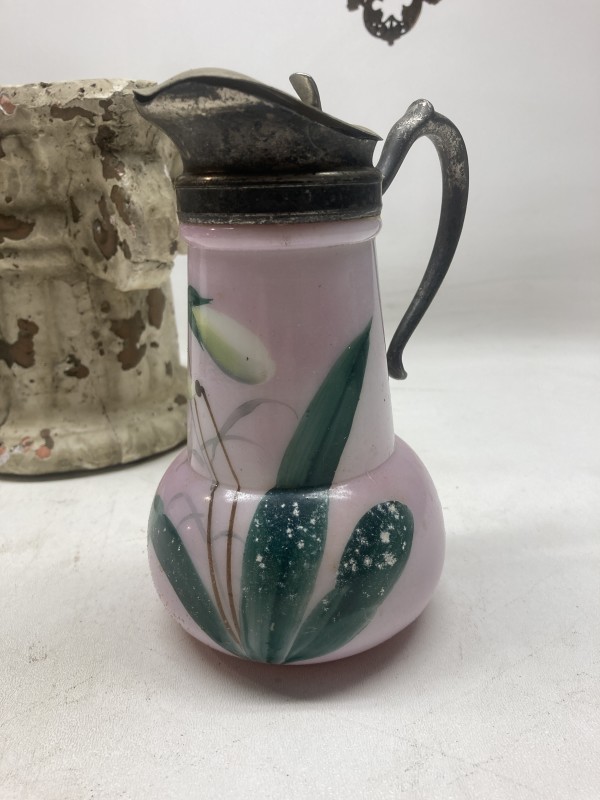 Hand painted milk glass creamer with pewter lid