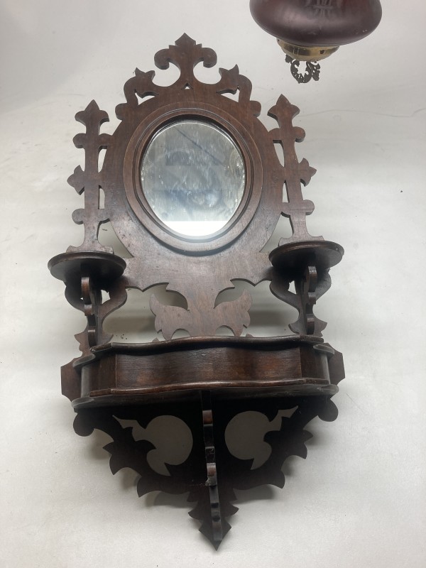 Victorian wood wall shelf with mirror