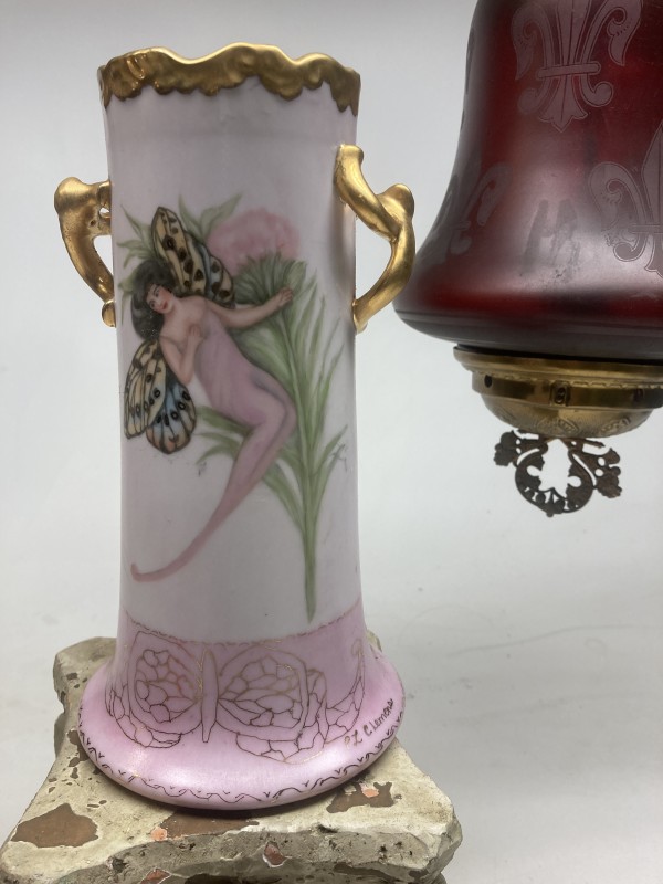 Hand painted pink Victorian vase with Fairy