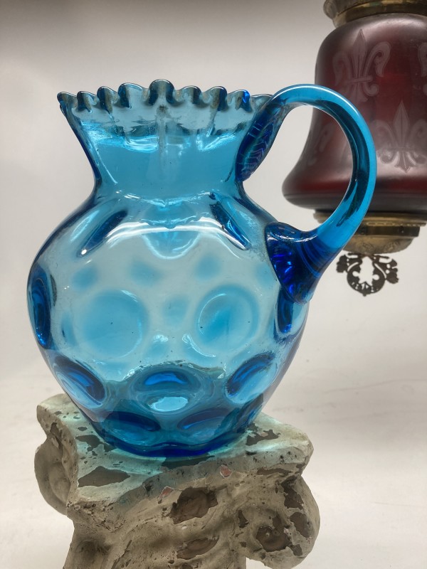 blue glass coin dot water pitcher