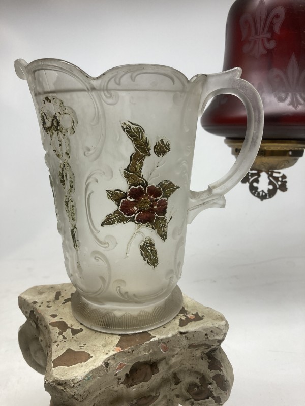 frosted glass water pitcher with decoration