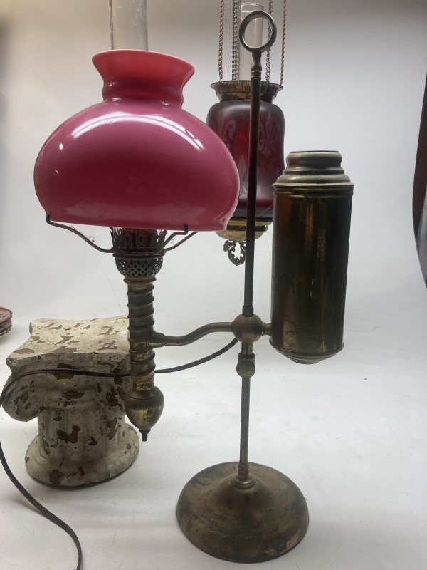Brass desk lamp with pink cased glass shade