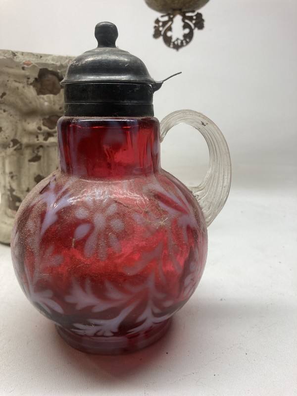 Cranberry art glass creamer with pewter lid