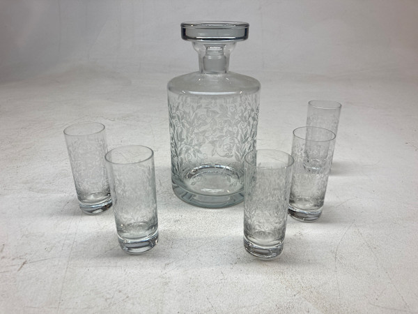 Etched decanter and 5 glasses