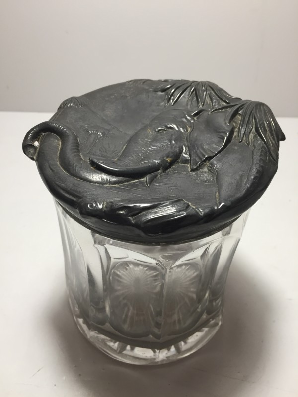 turn of the century glass humidor with elephant motif pewter lid