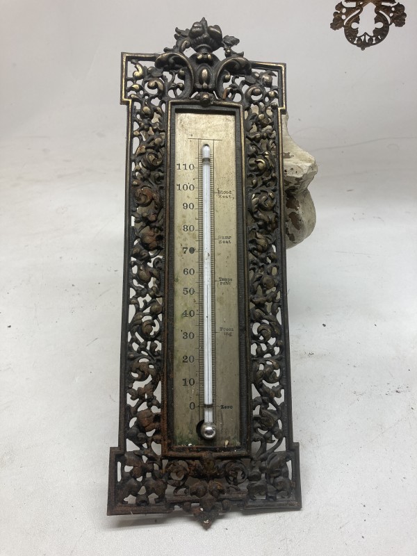 turn of the century wall mounted metal thermometer