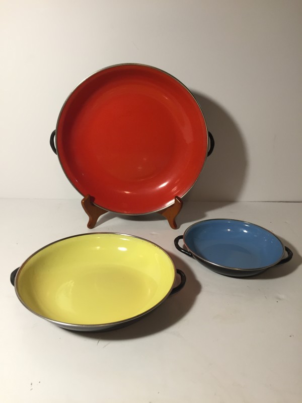 set of 3 vintage mcm enamel multi colored pans