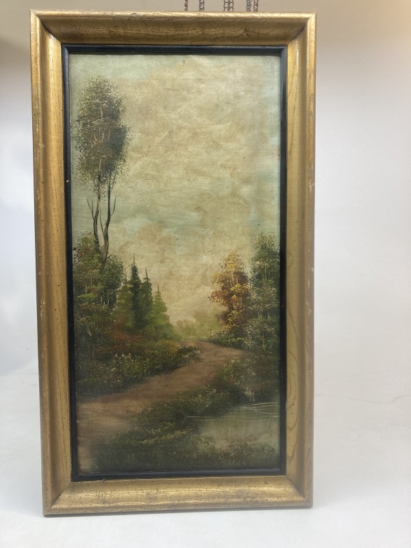 Framed turn of the century vertical landscape painting on canvas
