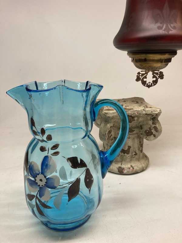 Blue Victorian hand painted glass pitcher