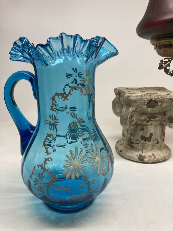 Blue Victorian hand painted glass pitcher