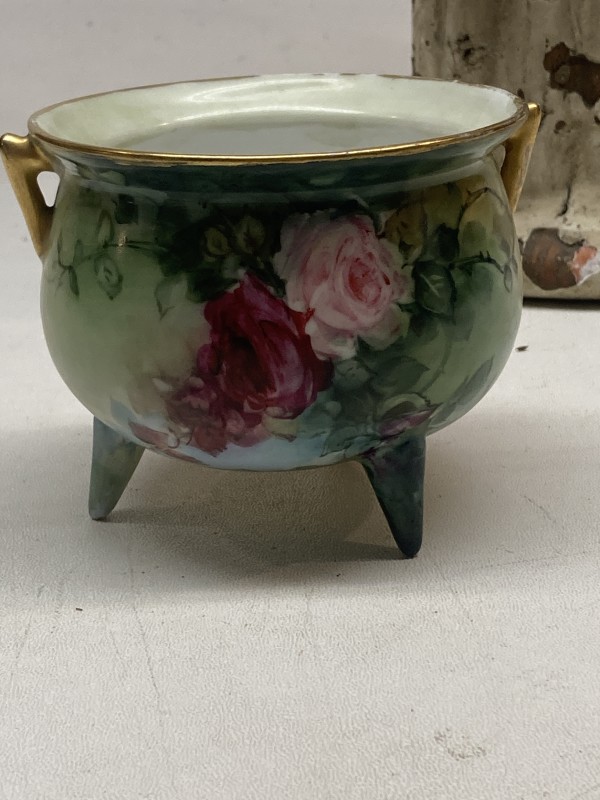 turn of the century hand painted three legged  small vase with flowers