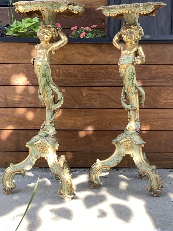 Pair of hand painted Venetian carved cherub stands