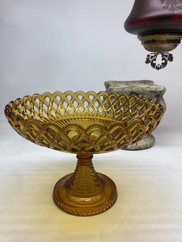 Amber pierced large glass compote