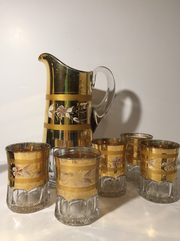 set of Victorian water pitcher and 5 glass tumblers