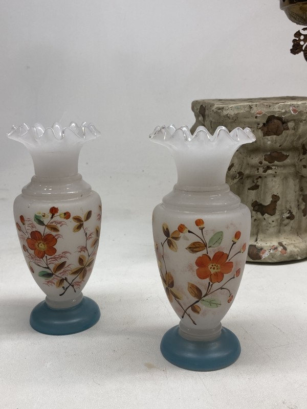 Pair of small Victorian hand painted Bristol glass vases
