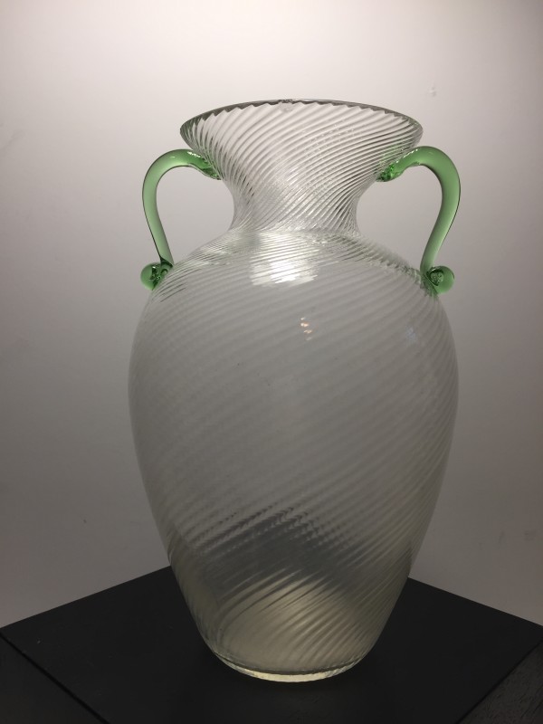 hand blown art glass vase with green handles