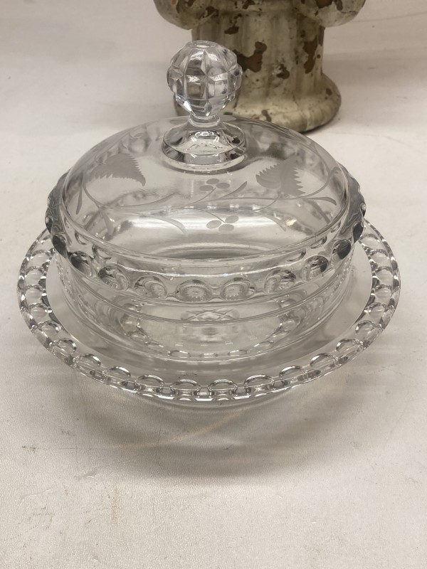 Early clear glass etched covered dish