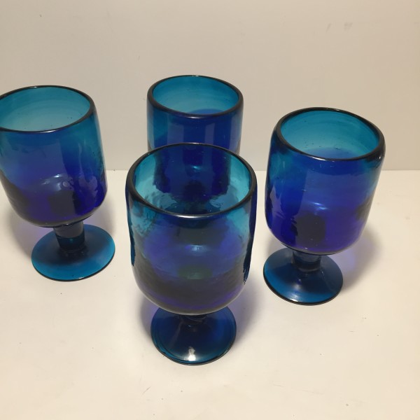set of hand blown blue water glasses