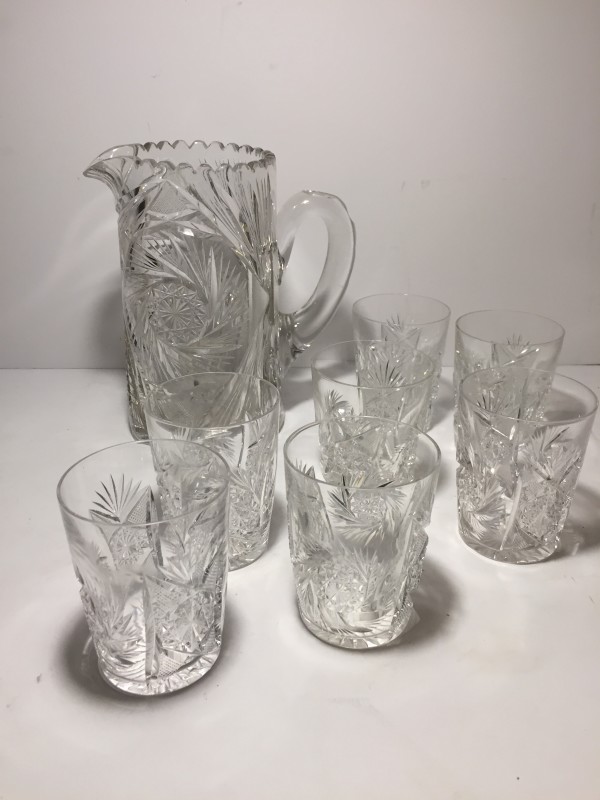 Brilliant EAPG cut glass pitcher and tumblers