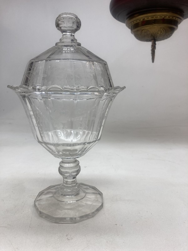 EAPG clear glass covered etched compote