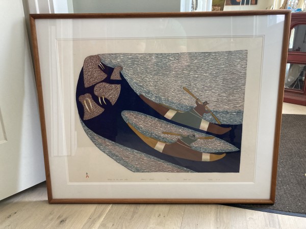 Framed Inuit stone cut and stencil "Walrus in the Open Water"