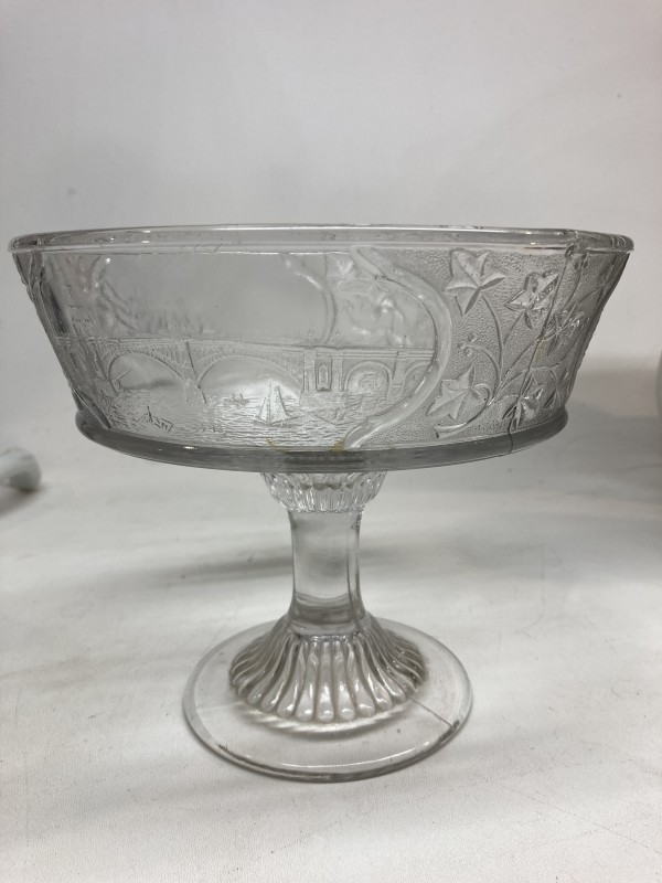 pressed glass compote with etched scene