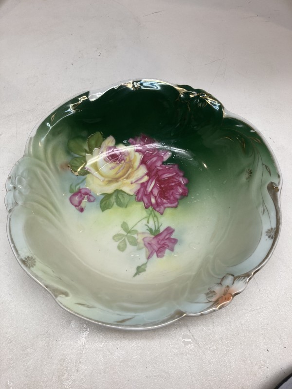 Hand decorated serving plate with green background and rose decoration