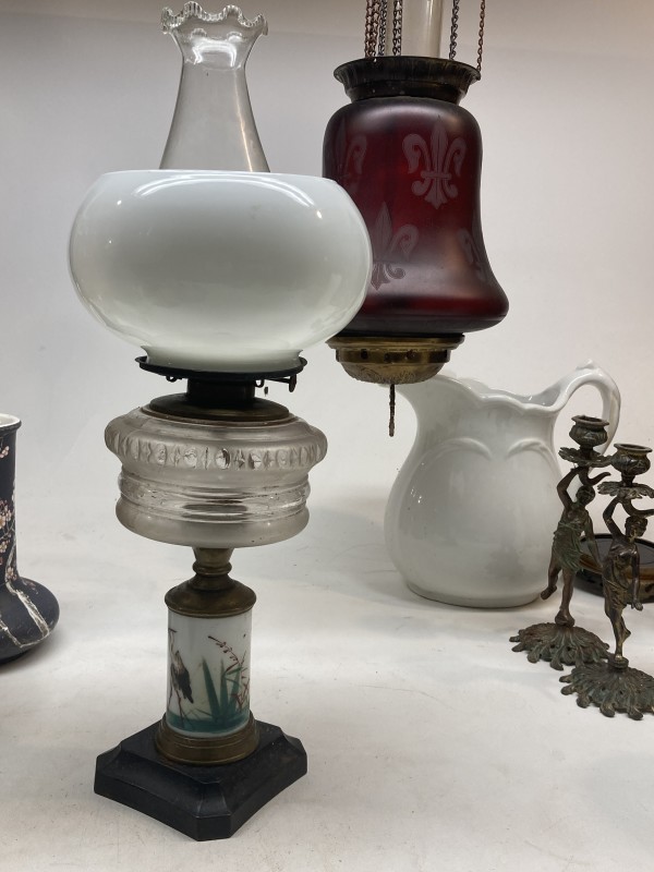 Victorian kerosene table lamp with painted heron base