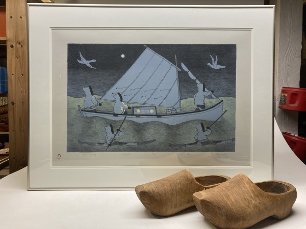 Framed Inuit "Night Crossing" lithograph